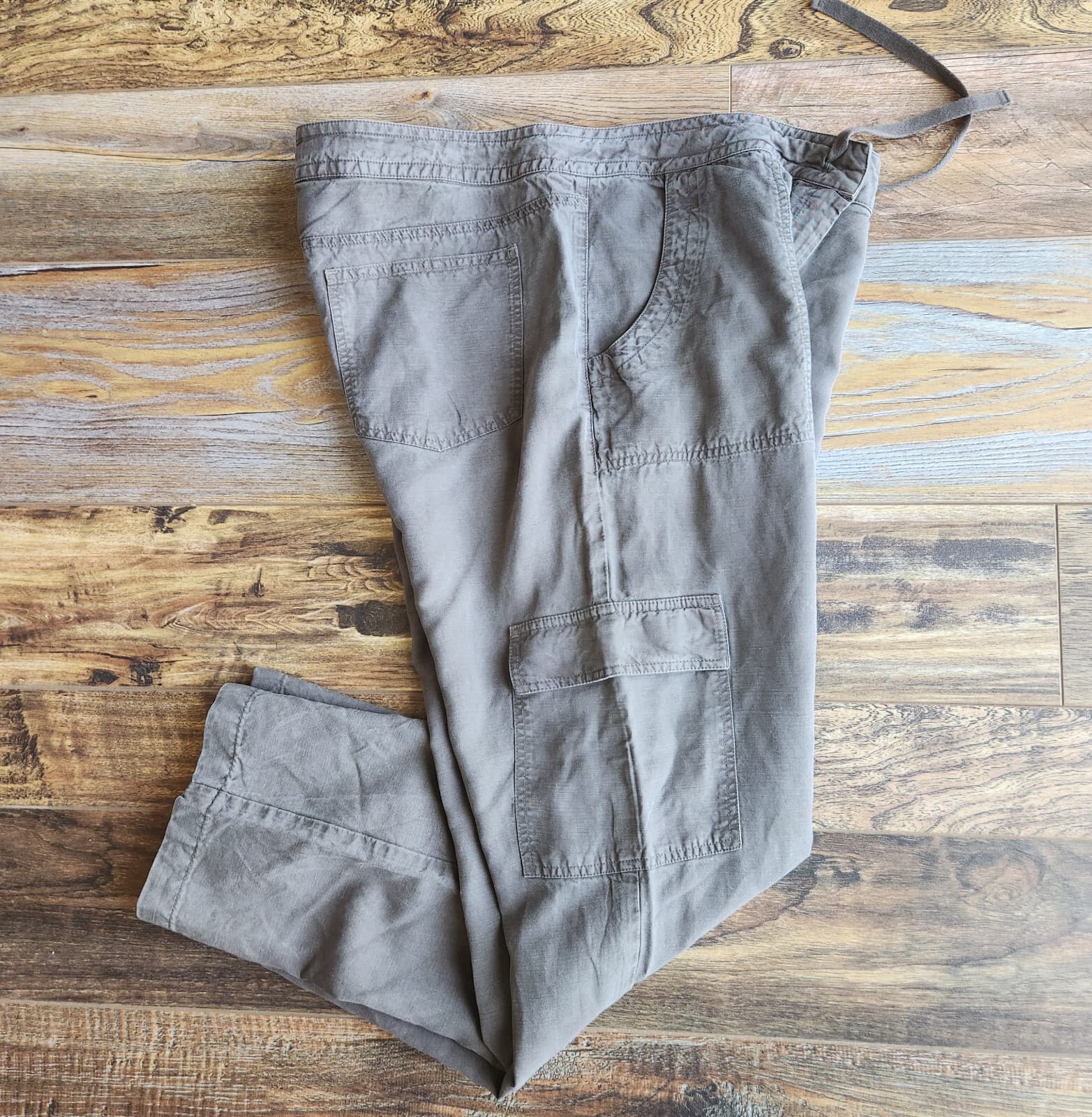 EILEEN FISHER Linen Blend Cargo Utility Ankle Pants Zip Drawstring Grey Women 12 - Thumbnail 4