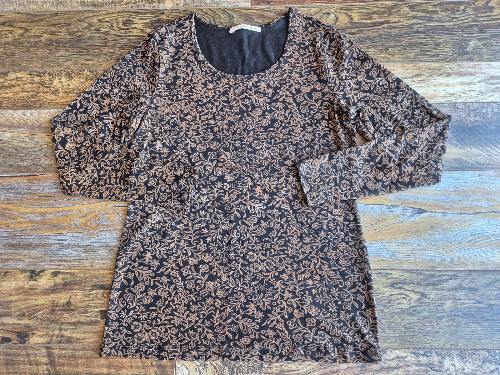Peruvian Connection Floral Tunic Top Scoop Neck Long Sleeve Knit Brown Women's L - Thumbnail 6