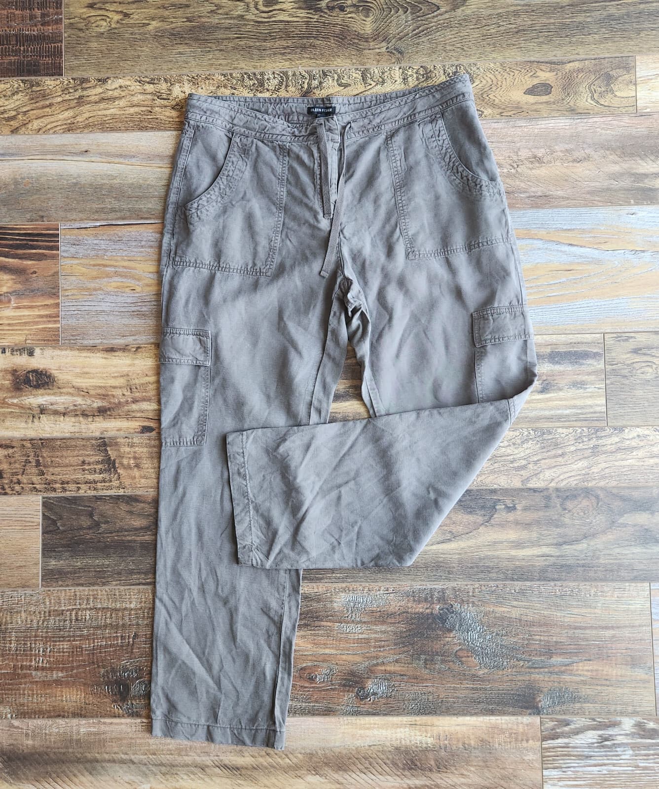 EILEEN FISHER Linen Blend Cargo Utility Ankle Pants Zip Drawstring Grey Women 12 - Thumbnail 2