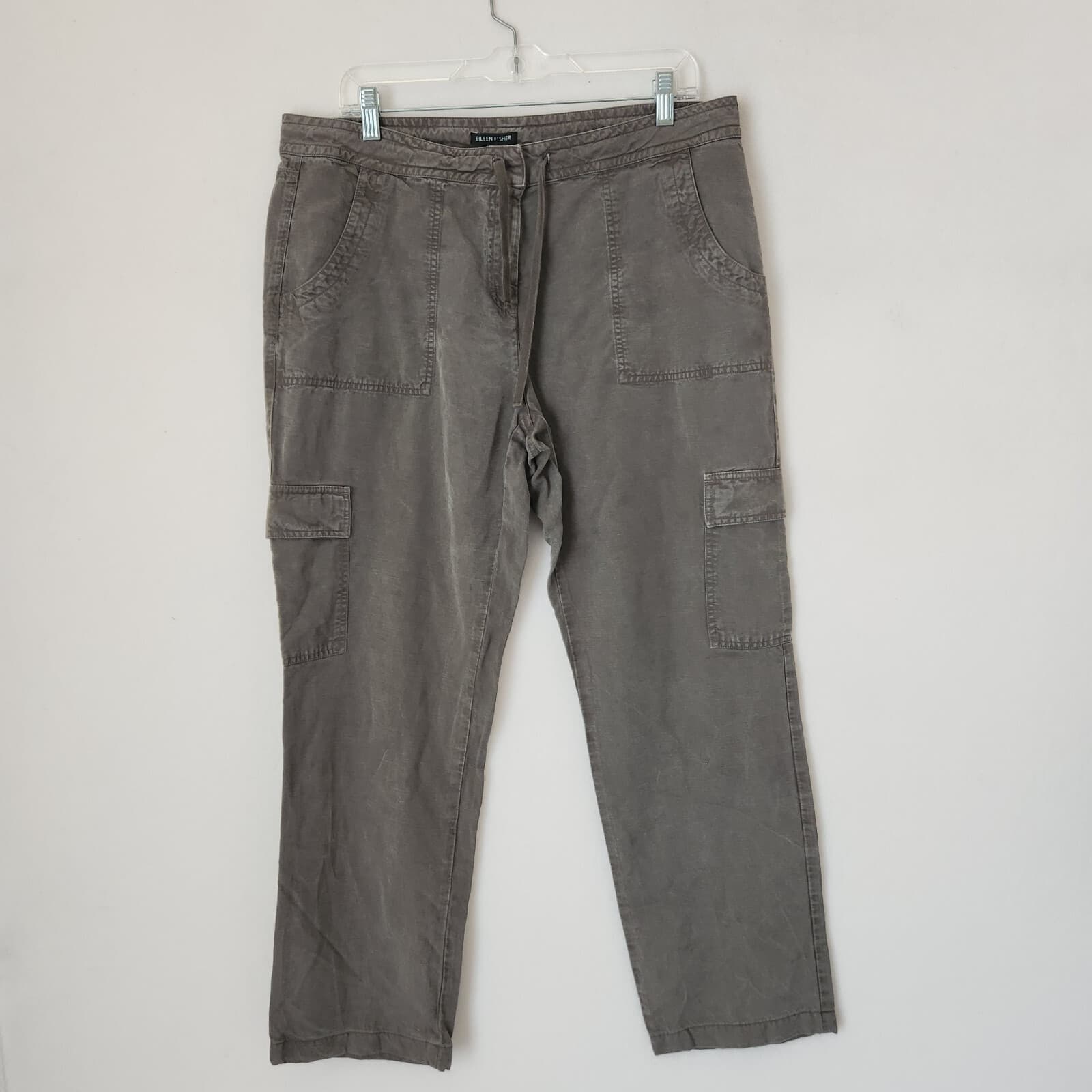 EILEEN FISHER Linen Blend Cargo Utility Ankle Pants Zip Drawstring Grey Women 12