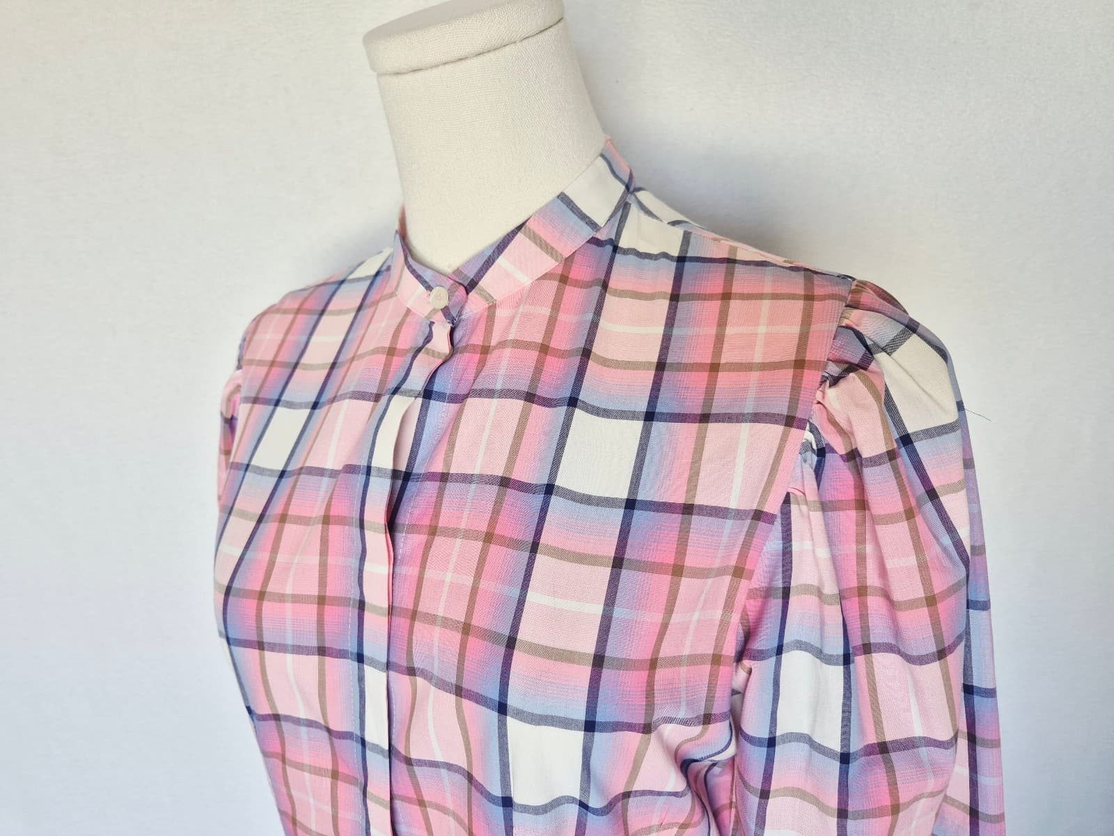 NEW MSGM Milano Made in Italy Camicia Shirt Slim-Fit Band Collar Pink Plaid EU40 - Thumbnail 5