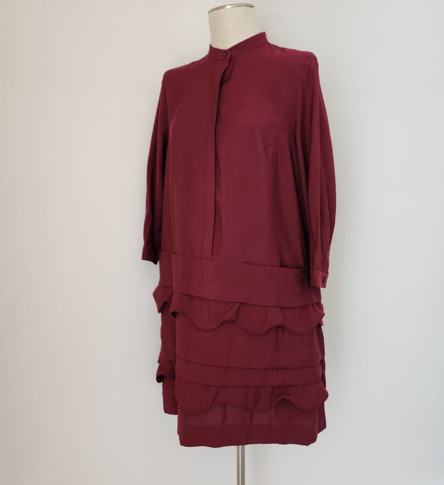 COS $125 Scalloped Trim Layered Ruffle Mini Dress Long Sleeve Pocket Red Sz.8 - Thumbnail 3