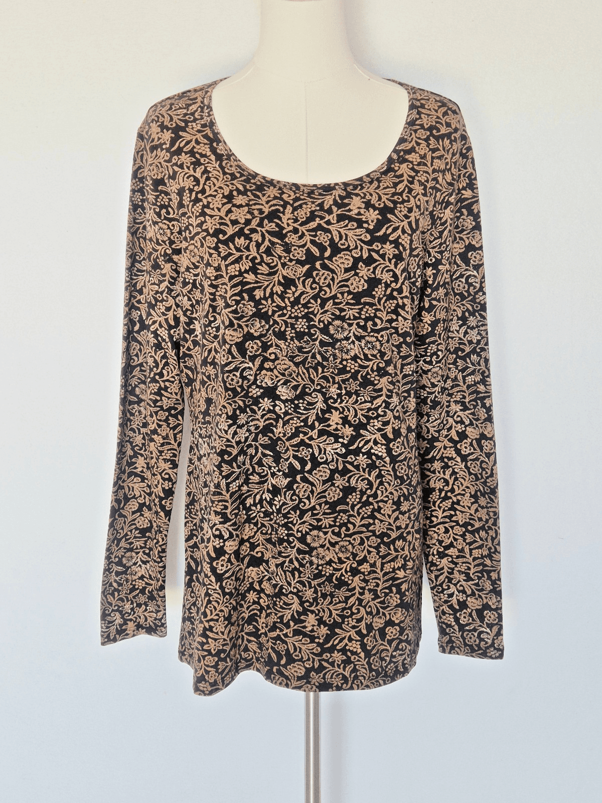 Peruvian Connection Floral Tunic Top Scoop Neck Long Sleeve Knit Brown Women's L - Thumbnail 2
