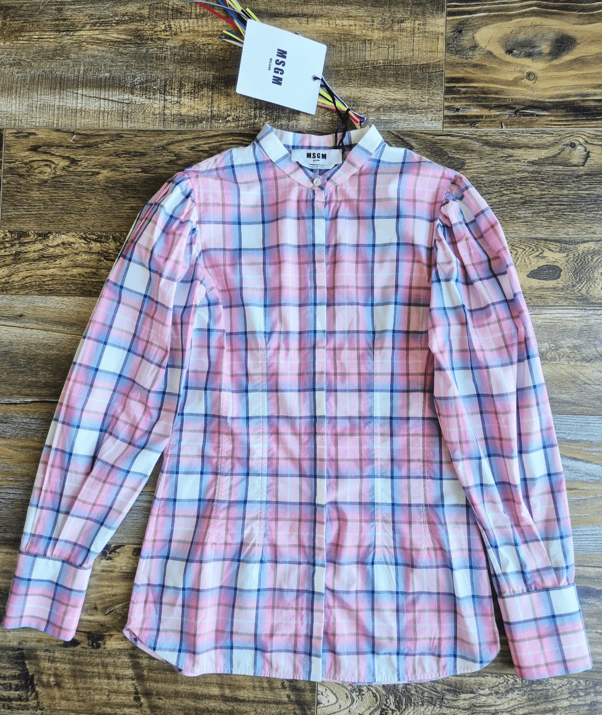 NEW MSGM Milano Made in Italy Camicia Shirt Slim-Fit Band Collar Pink Plaid EU40 - Thumbnail 3