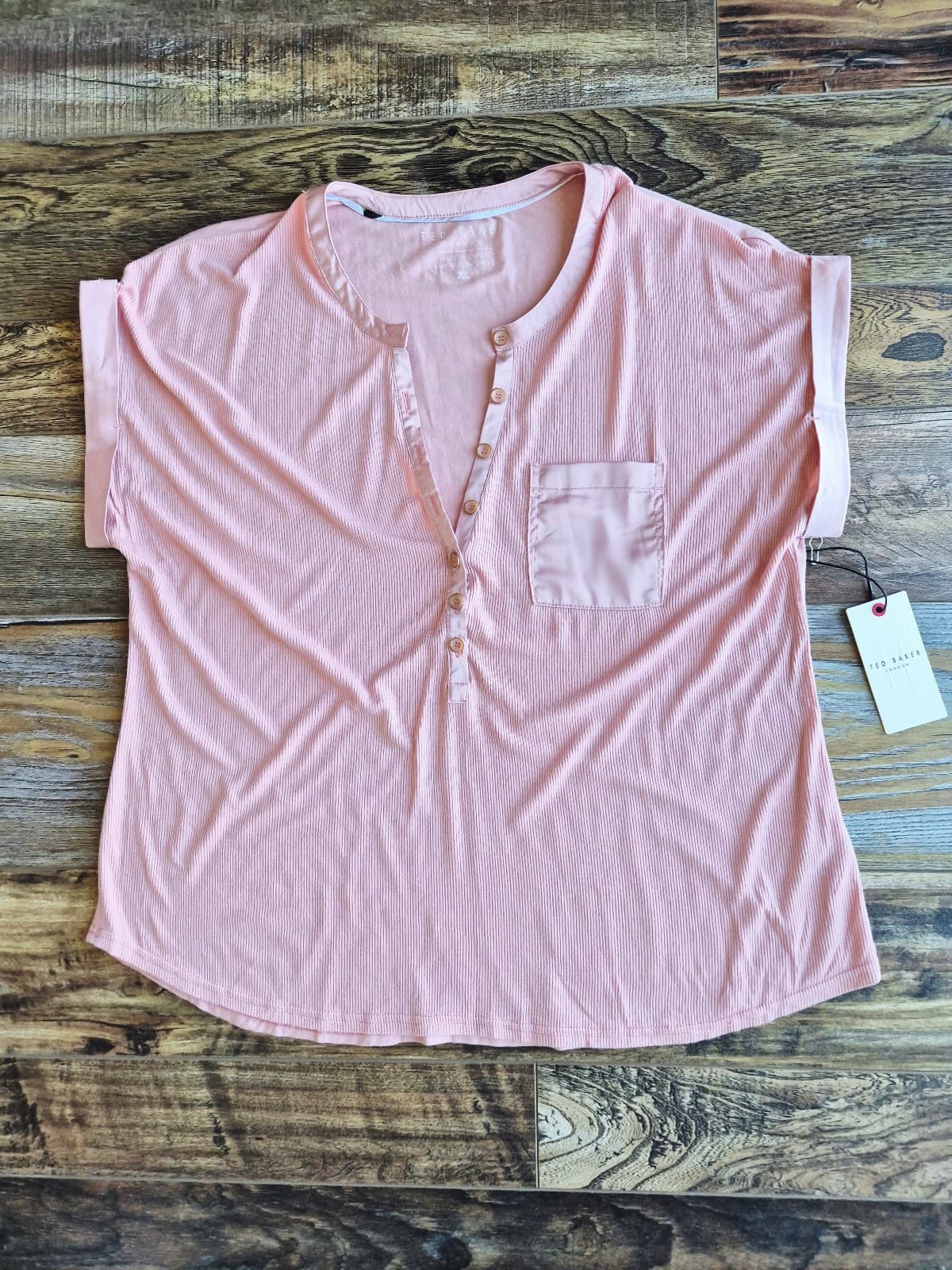 NEW TED BAKER Single Jersey Blouse 1/2 Button Cap Sleeve Mellow Rose Women's XL - Thumbnail 3