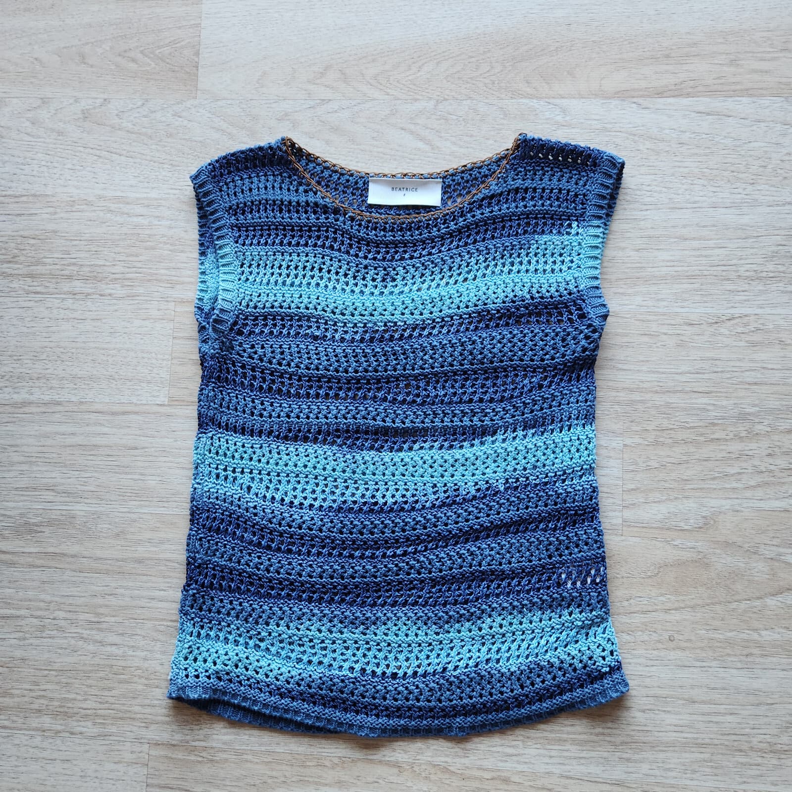 NWoT BEATRICE Made in Italy Crochet Sleeveless Top Cotton Blend Blue Stripe Sz.S - Thumbnail 5