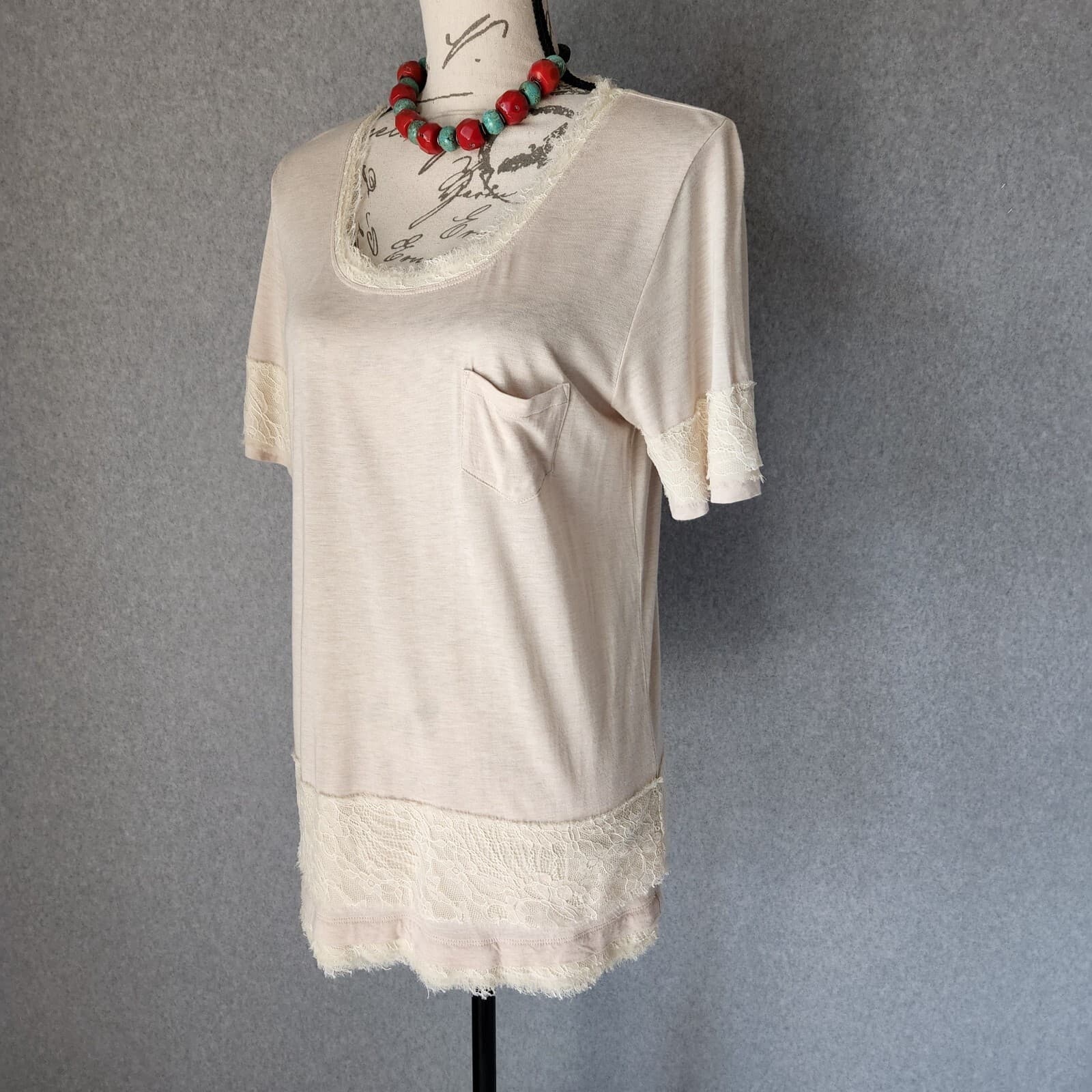 Diane Von Furstenberg Silk Blend Knit Lace Trim Top Short Sleeve Beige Sz.Small - Thumbnail 3