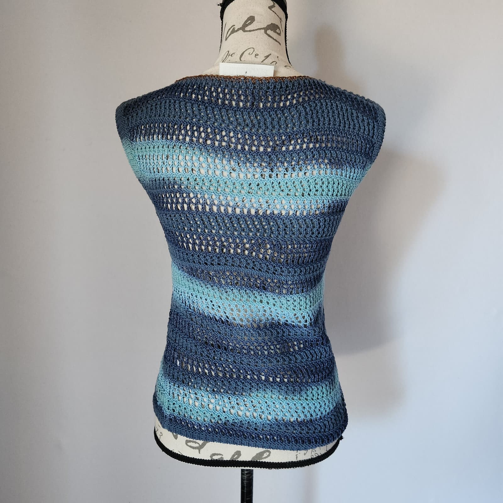 NWoT BEATRICE Made in Italy Crochet Sleeveless Top Cotton Blend Blue Stripe Sz.S - Thumbnail 4