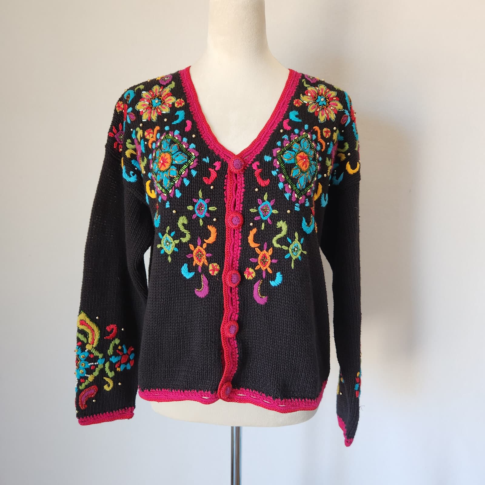 Vintage GANTOS Embroidered Beaded Cardigan Button Multicolor Ramie Blend Women M - Thumbnail 2