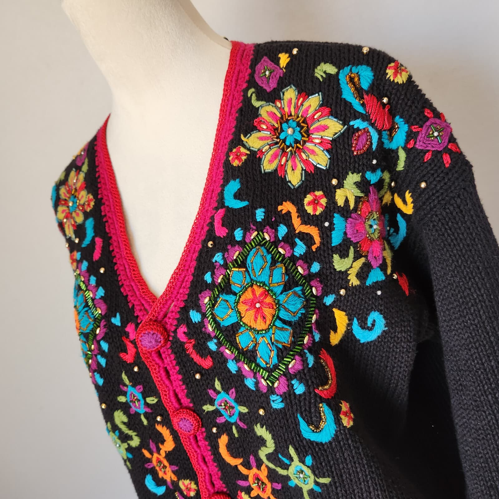 Vintage GANTOS Embroidered Beaded Cardigan Button Multicolor Ramie Blend Women M - Thumbnail 5