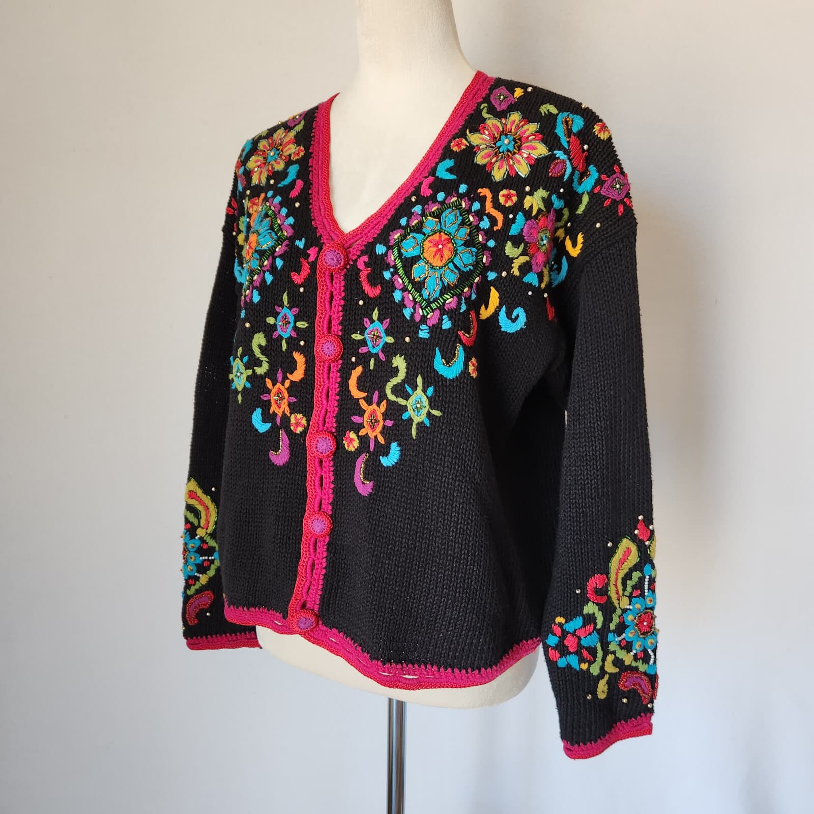 Vintage GANTOS Embroidered Beaded Cardigan Button Multicolor Ramie Blend Women M - Thumbnail 3