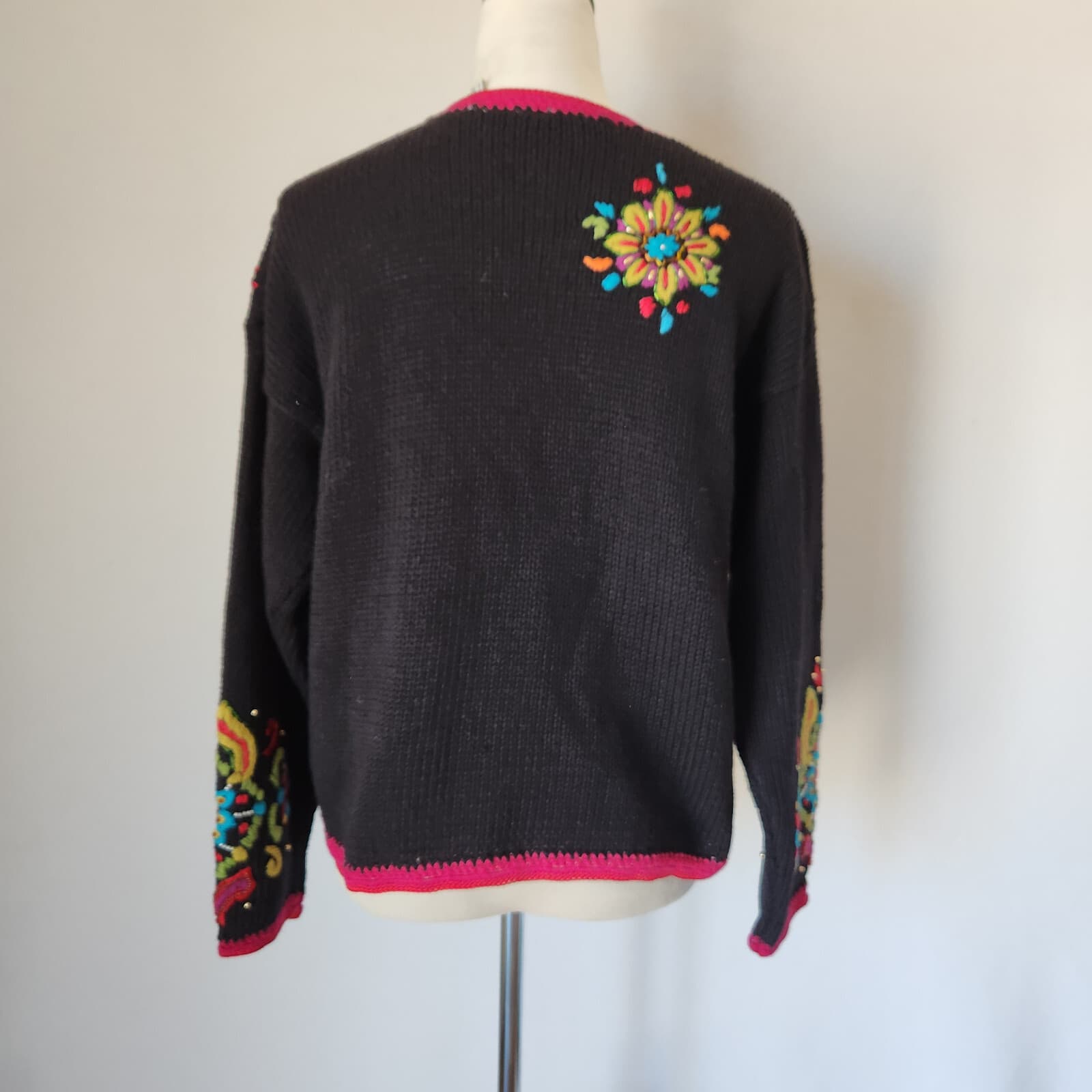 Vintage GANTOS Embroidered Beaded Cardigan Button Multicolor Ramie Blend Women M - Thumbnail 7