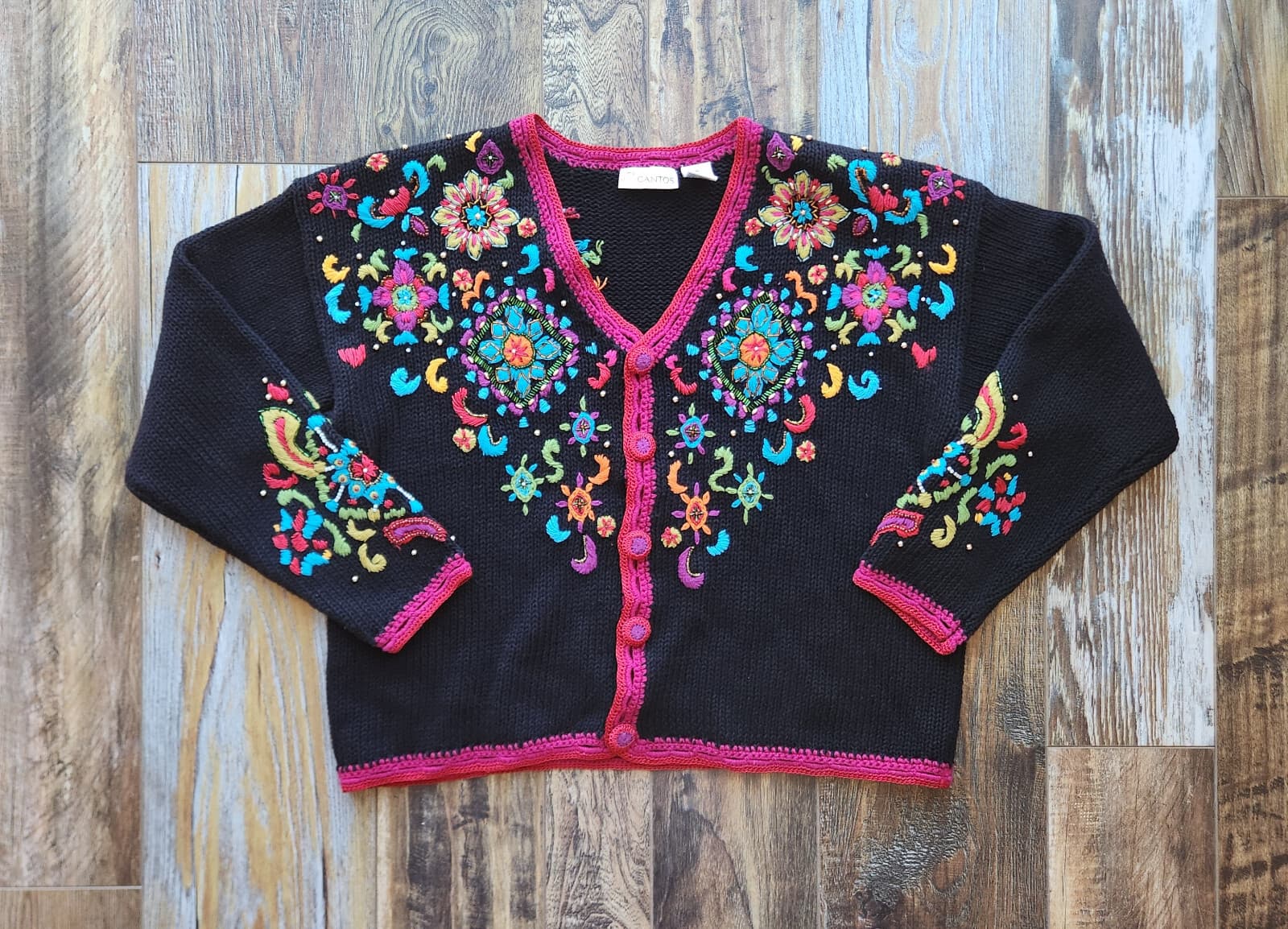Vintage GANTOS Embroidered Beaded Cardigan Button Multicolor Ramie Blend Women M