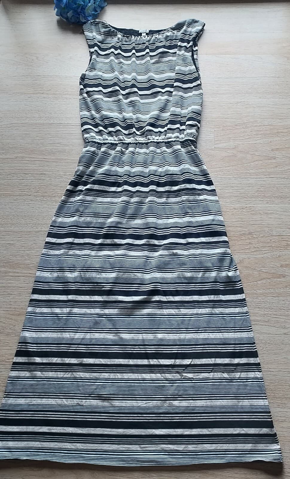 Garnet Hill Santorini Maxi Stripe Dress Sleeveless Elastic Waist Black Ivory XL