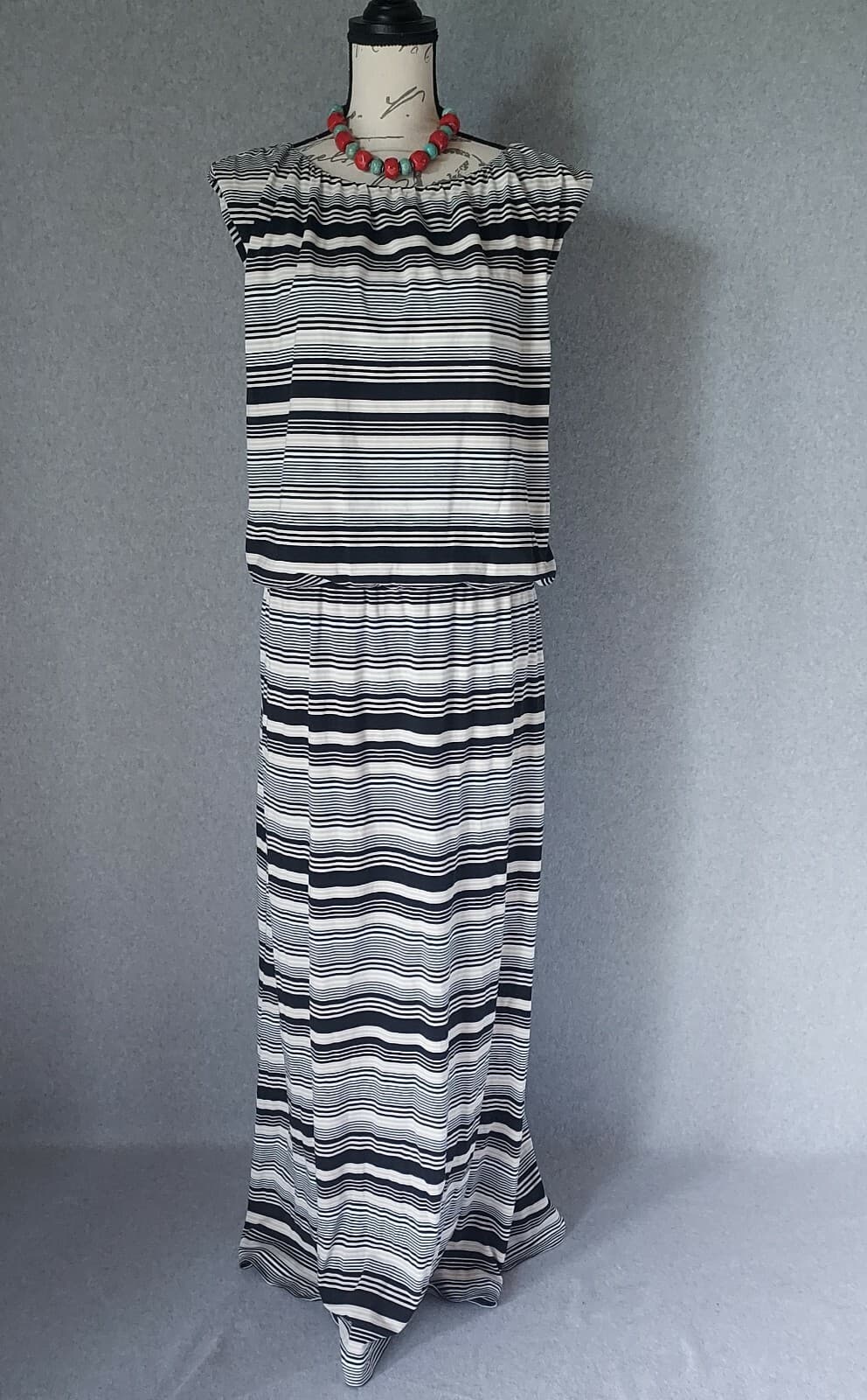 Garnet Hill Santorini Maxi Stripe Dress Sleeveless Elastic Waist Black Ivory XL - Thumbnail 3