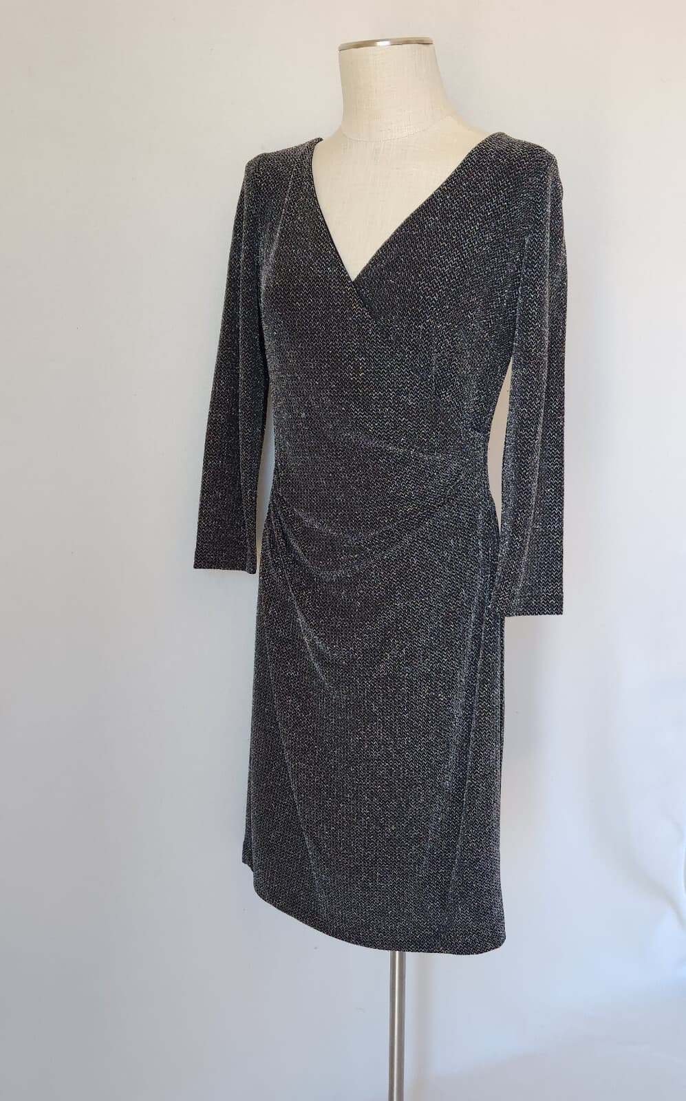 Lauren Ralph Lauren Black Metallic Evening Nightout Midi Dress Ruched Women's 10 - Thumbnail 2
