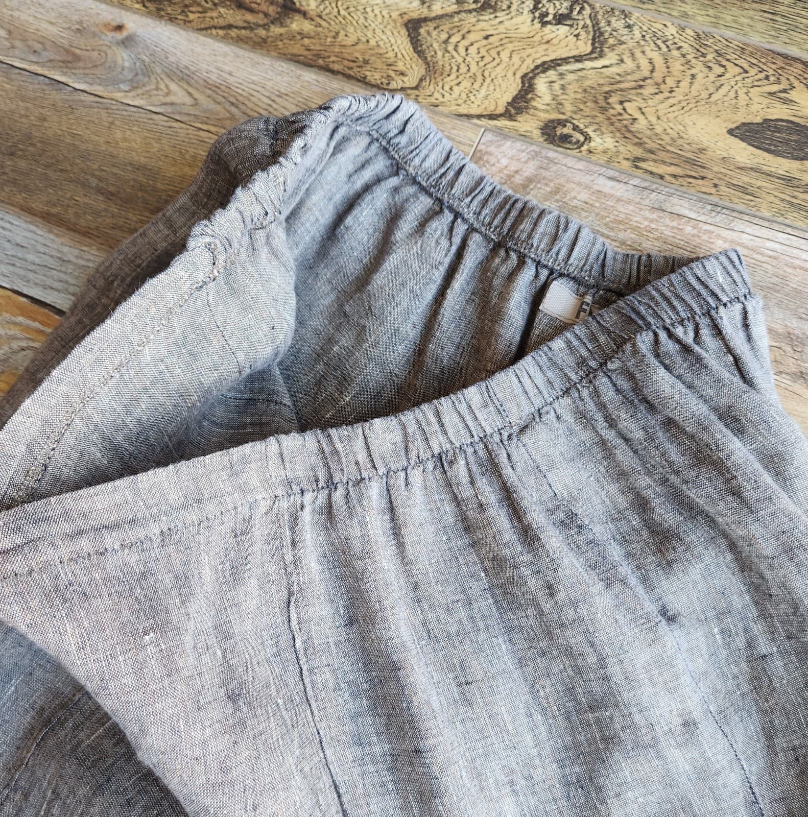 FLAX 100% Linen Lagenlook Seam Relax-Fit Cropped Pants Elastic Waist Brown Sz.L - Thumbnail 4