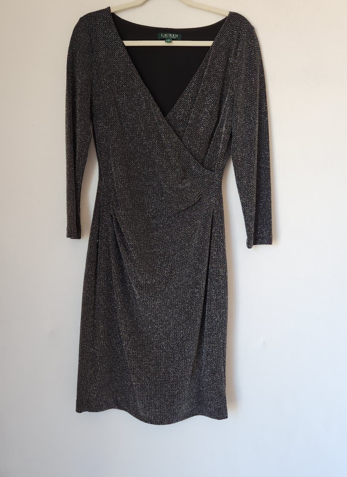 Lauren Ralph Lauren Black Metallic Evening Nightout Midi Dress Ruched Women's 10 - Thumbnail 6