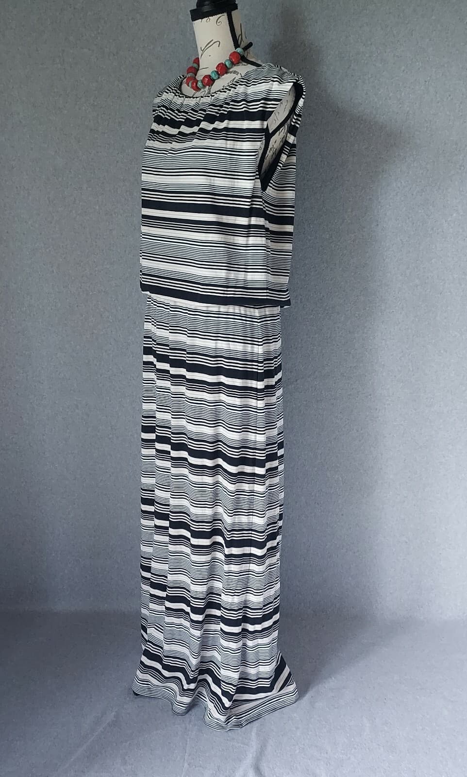Garnet Hill Santorini Maxi Stripe Dress Sleeveless Elastic Waist Black Ivory XL - Thumbnail 4