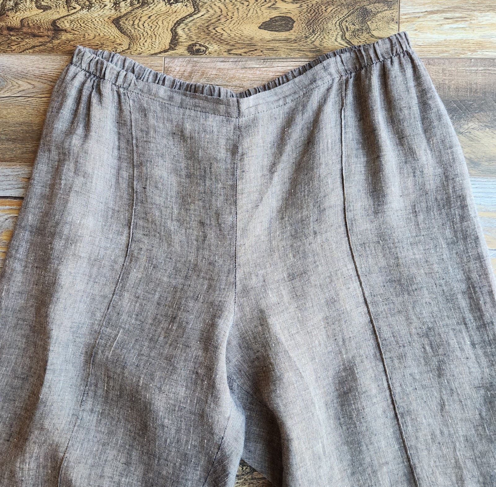FLAX 100% Linen Lagenlook Seam Relax-Fit Cropped Pants Elastic Waist Brown Sz.L - Thumbnail 2