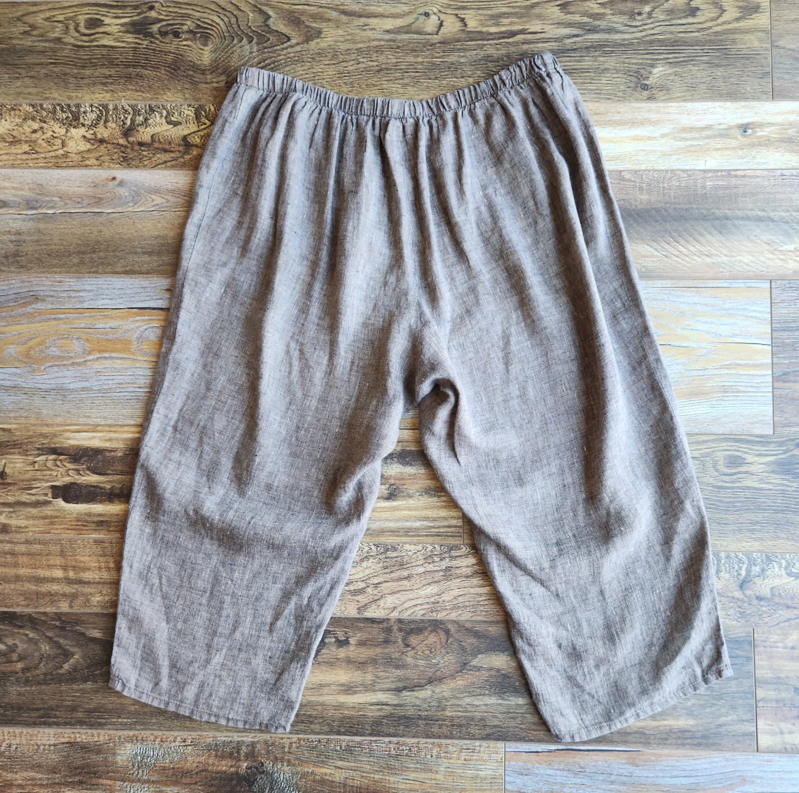 FLAX 100% Linen Lagenlook Seam Relax-Fit Cropped Pants Elastic Waist Brown Sz.L - Thumbnail 5