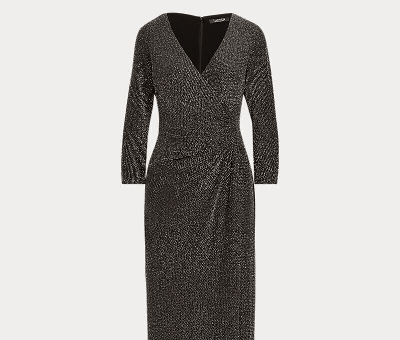 Lauren Ralph Lauren Black Metallic Evening Nightout Midi Dress Ruched Women's 10 - Thumbnail 4