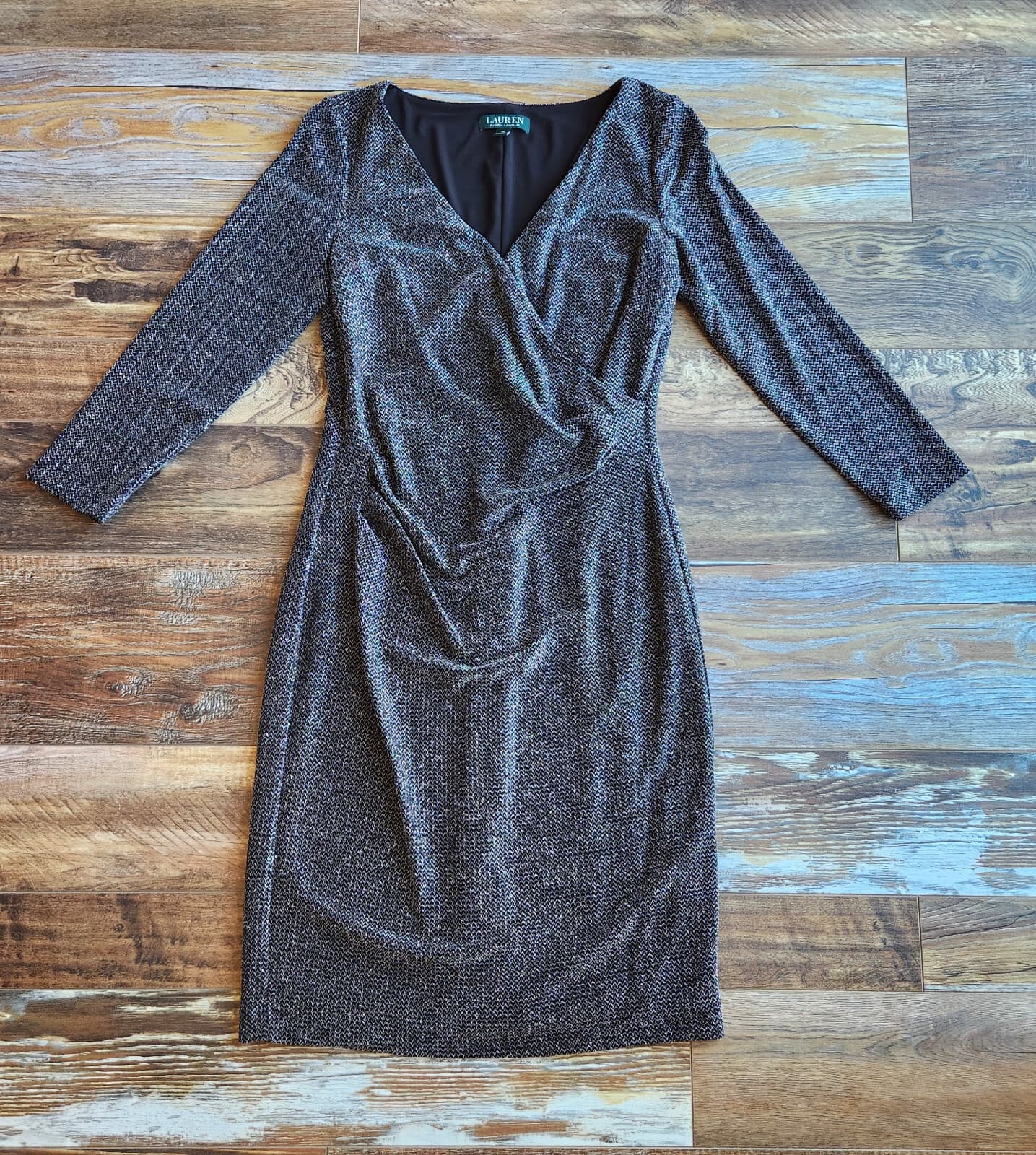 Lauren Ralph Lauren Black Metallic Evening Nightout Midi Dress Ruched Women's 10 - Thumbnail 5