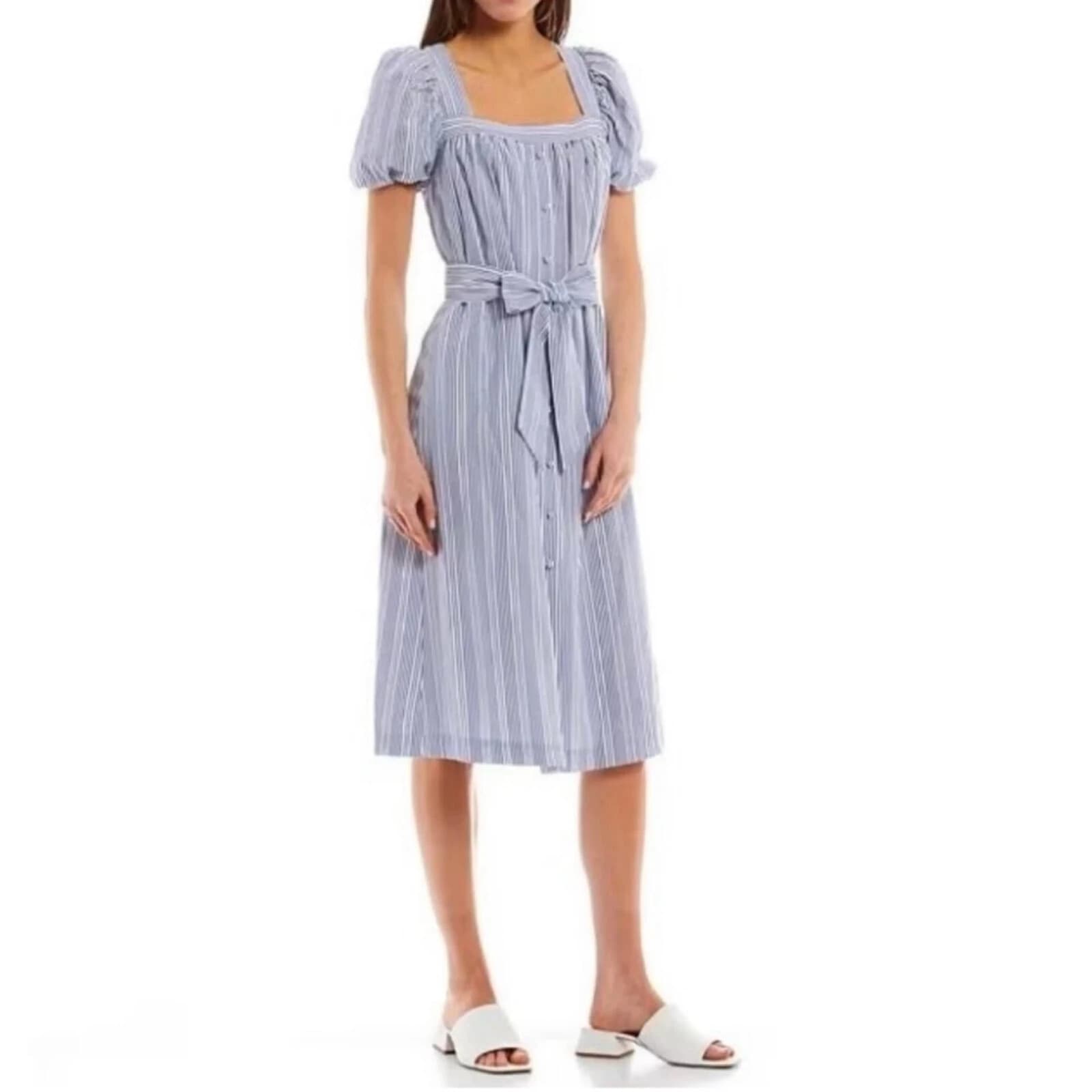 NWT Alex Marie Square Neck Striped Midi Dress Belt Melon Sleeve Blue White Sz.12 - Thumbnail 2