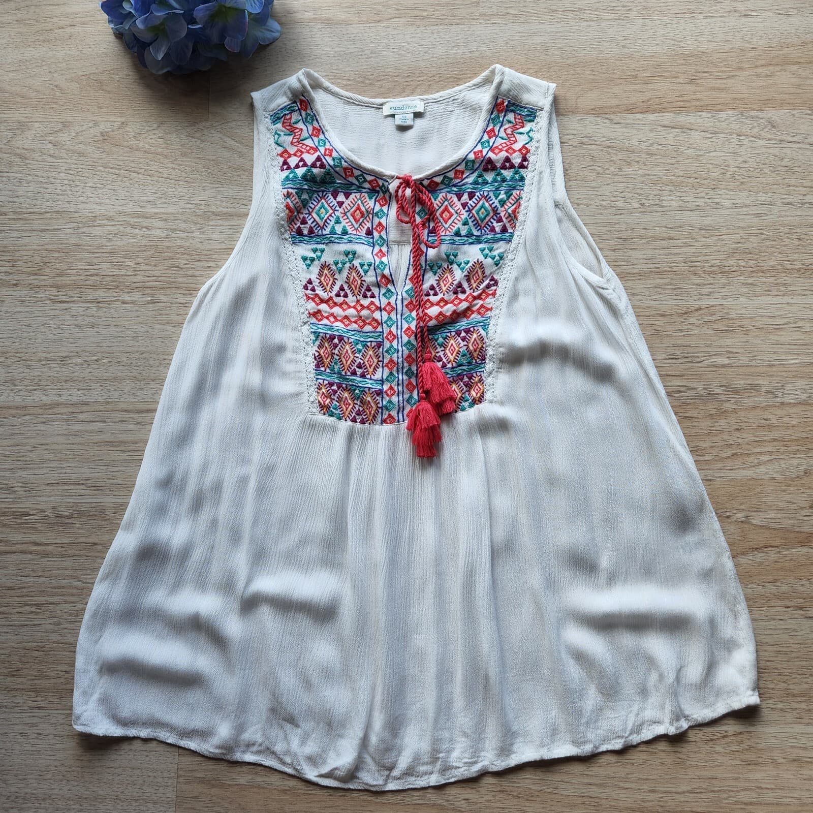 Sundance Journey Delight Embroidered Boho Top Sleeveless White XS (Bust 40") - Thumbnail 3