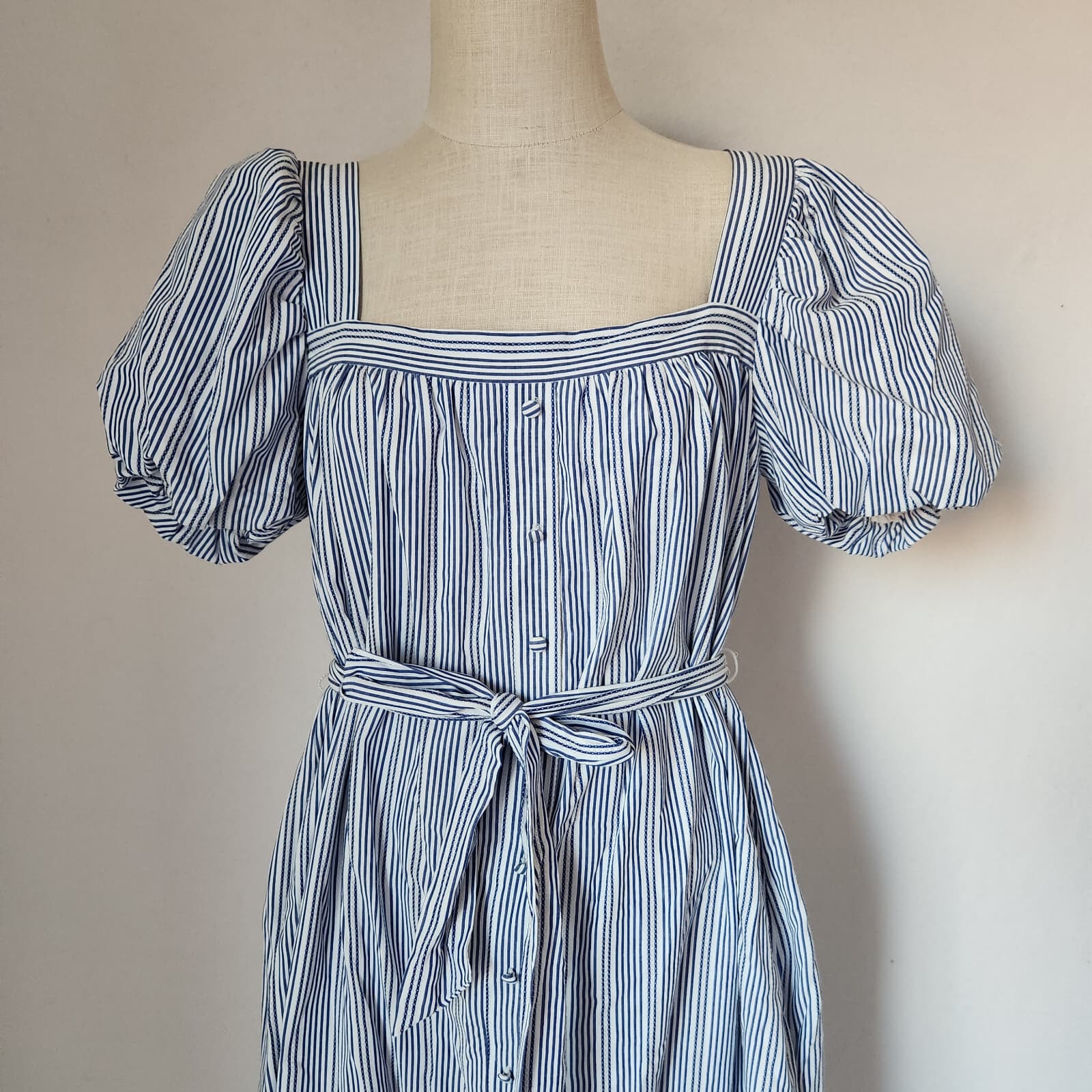 NWT Alex Marie Square Neck Striped Midi Dress Belt Melon Sleeve Blue White Sz.12 - Thumbnail 5