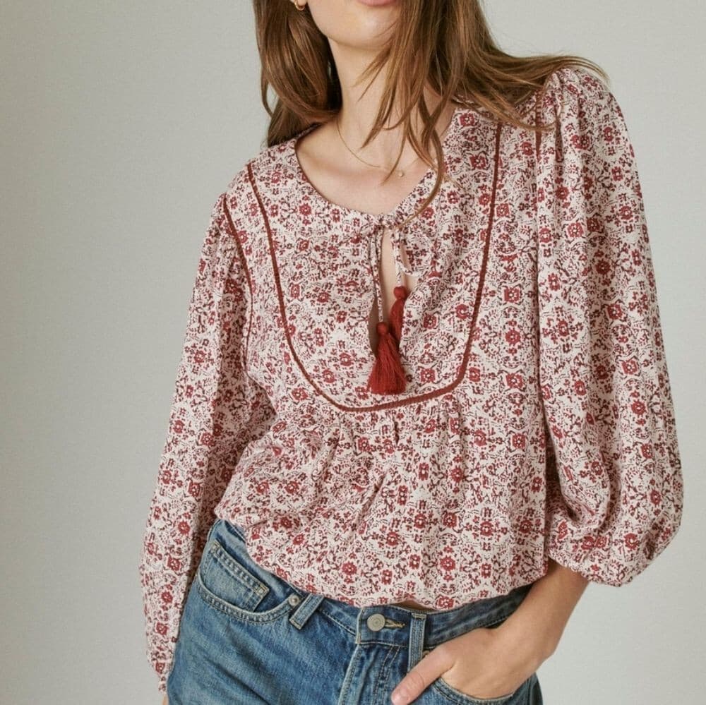 Lucky Brand Floral Peasant Boho Blouse Tassel Long Sleeve Red Cream Women's L - Thumbnail 2