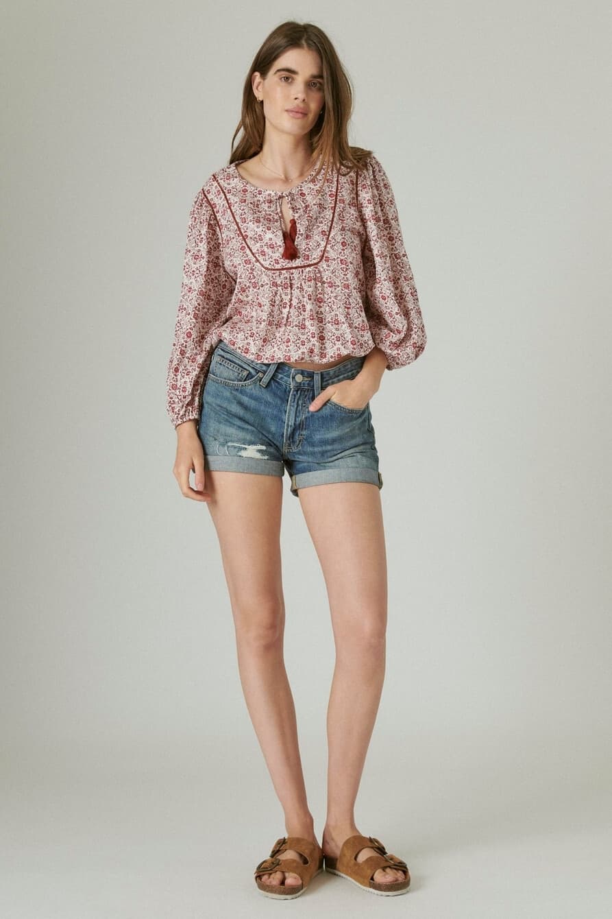 Lucky Brand Floral Peasant Boho Blouse Tassel Long Sleeve Red Cream Women's L - Thumbnail 4