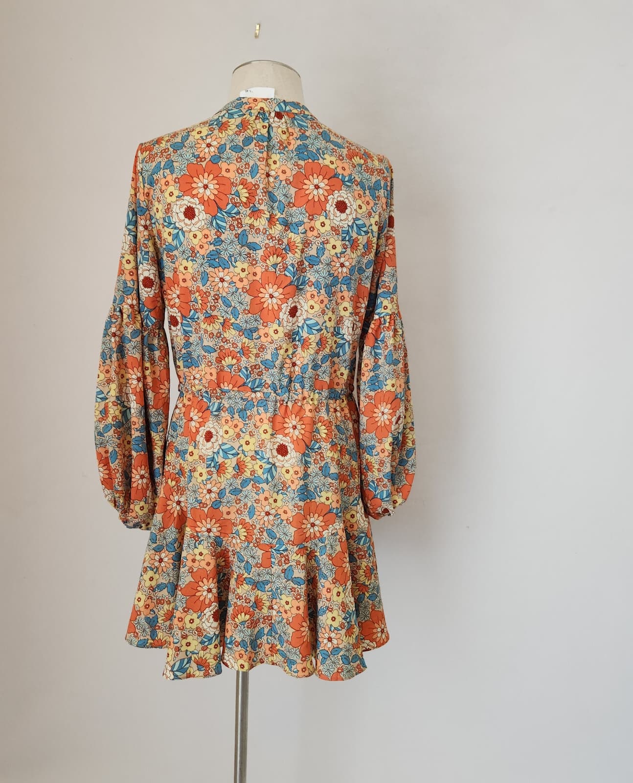 NWoT Aakaa Groovy Floral Mini Dress Long Balloon Sleeve Tie-Belted Multicolor S - Thumbnail 6