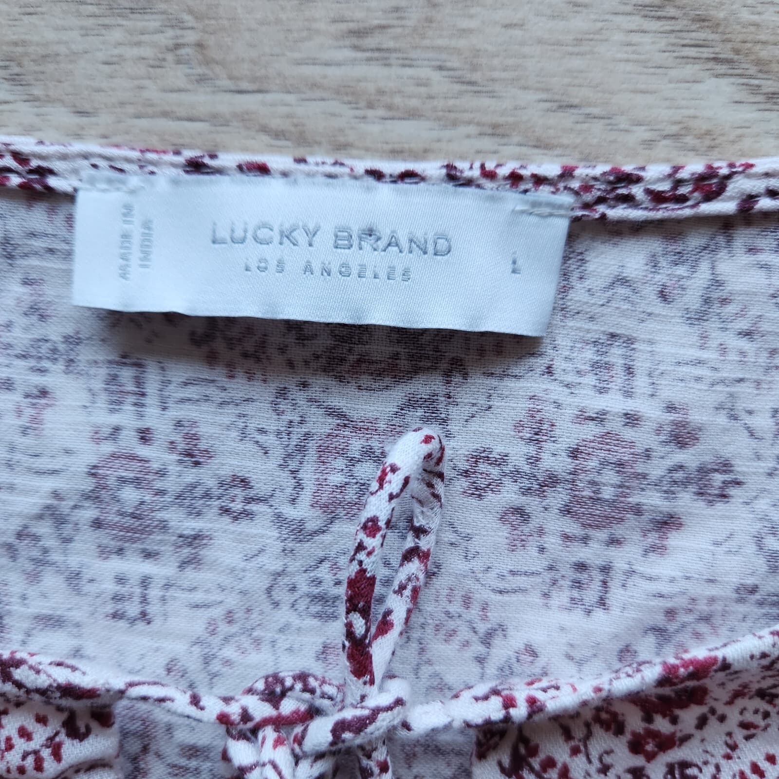 Lucky Brand Floral Peasant Boho Blouse Tassel Long Sleeve Red Cream Women's L - Thumbnail 11