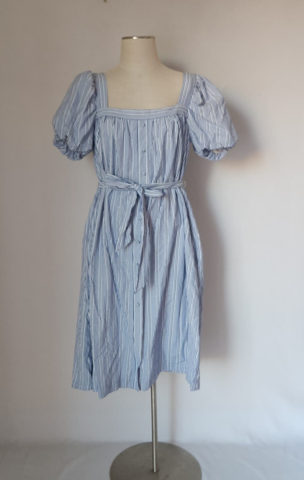 NWT Alex Marie Square Neck Striped Midi Dress Belt Melon Sleeve Blue White Sz.12 - Thumbnail 4