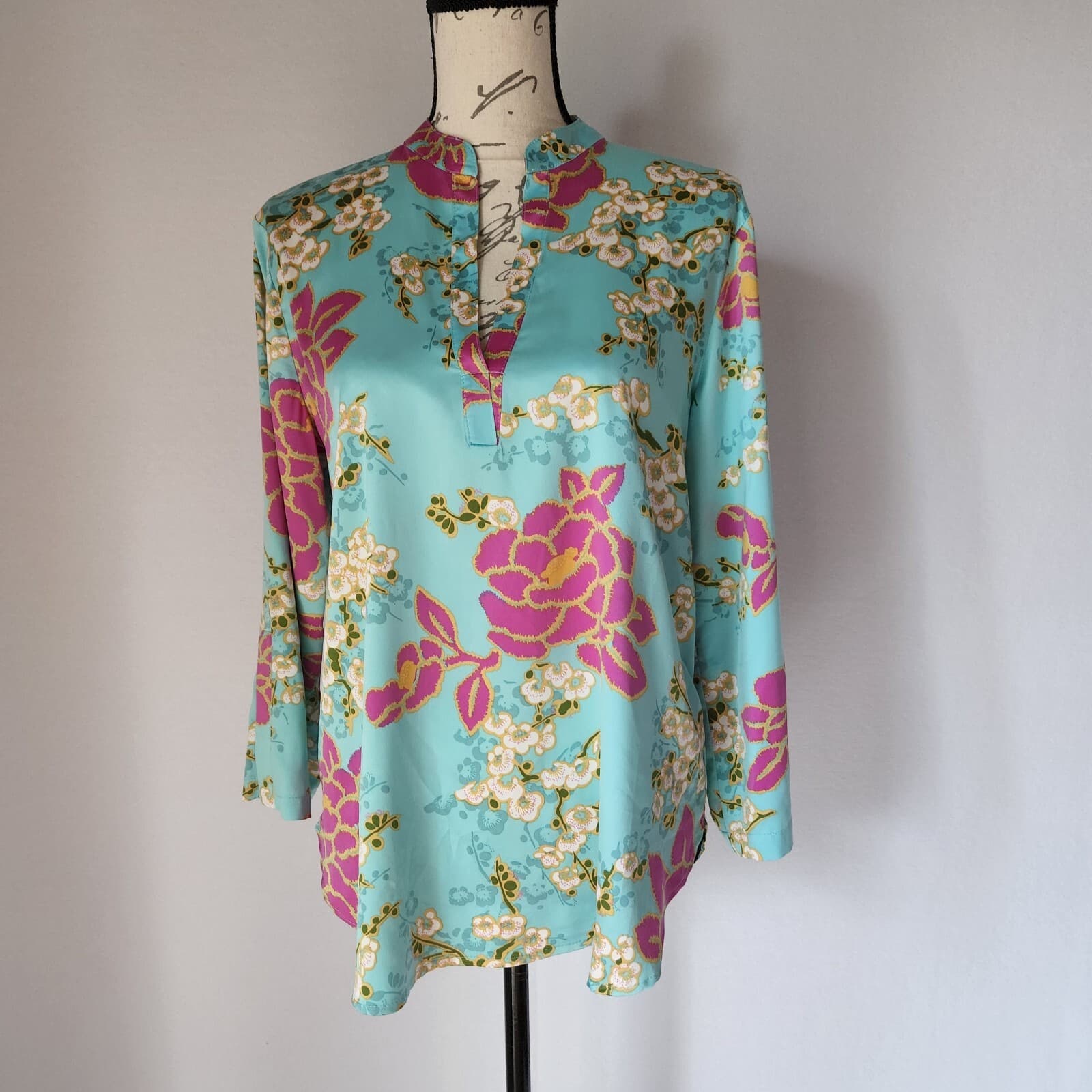 Natori Harumi Satin Pajama-Top Pull-Over Long Sleeve Floral Multicolor Women S - Thumbnail 2