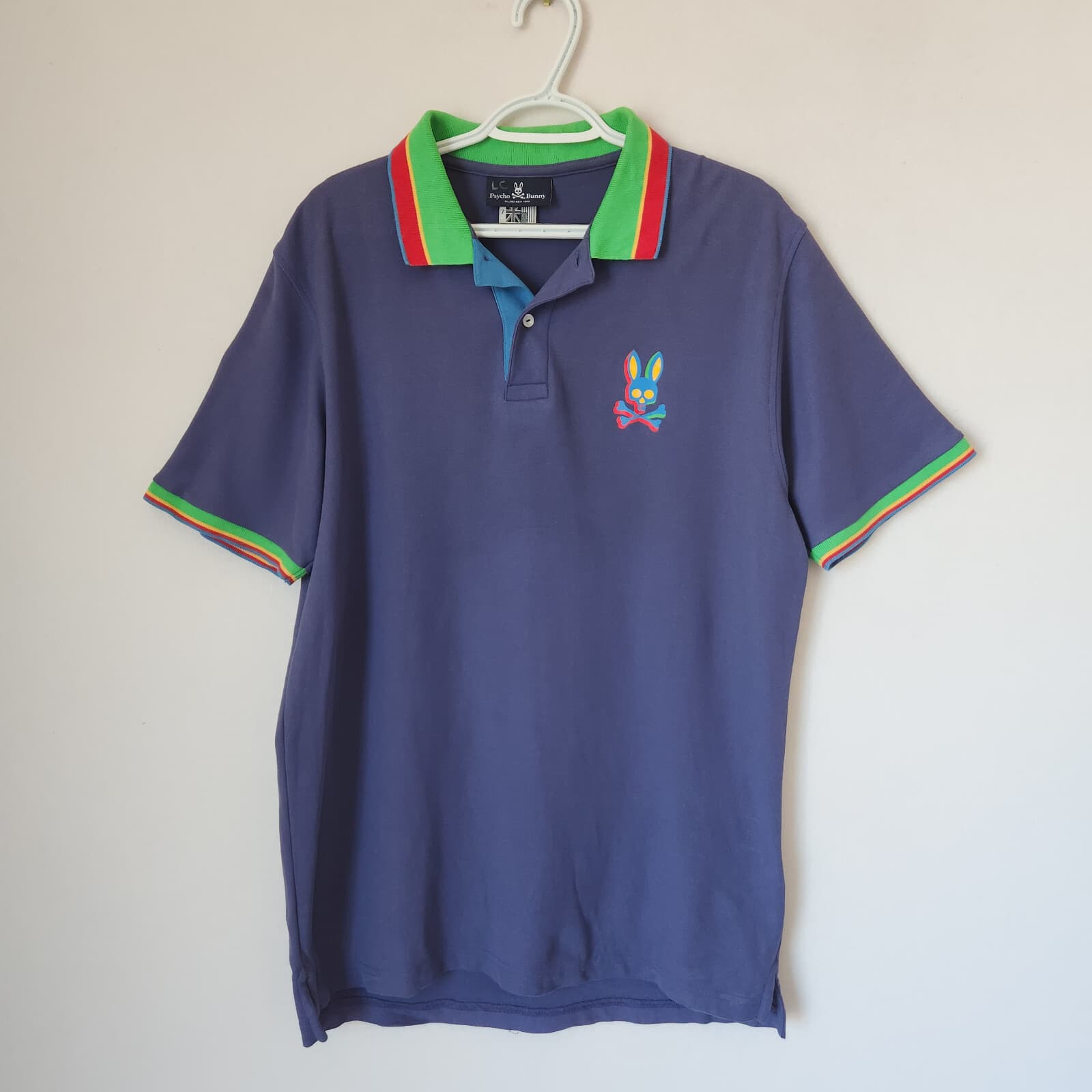 Psycho Bunny Logo Polo Shirt Short Sleeve Pima-Cotton Blue Green-Red Trim Mens 7