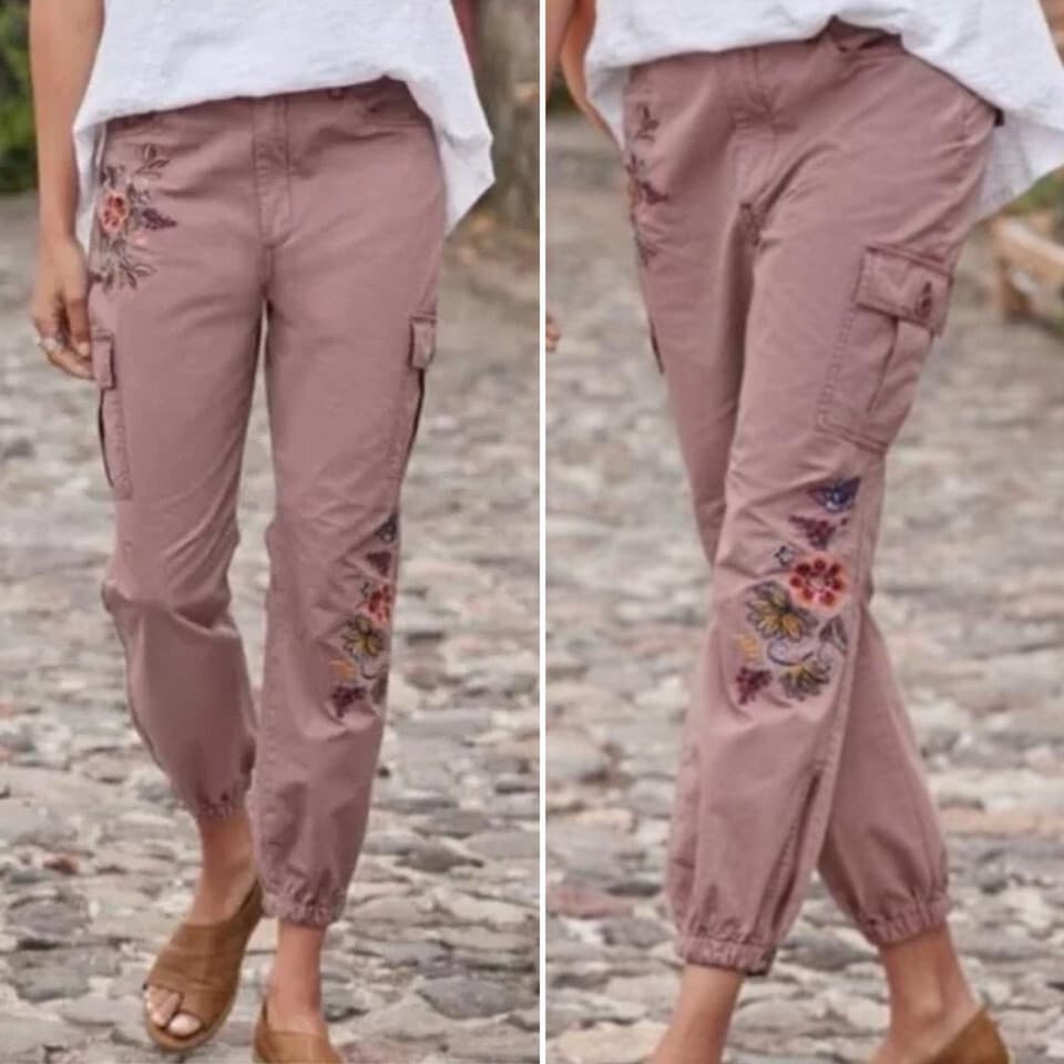 Sundance Vivant Floral Embroidered Cargo Ankle-Zip Crop Pant Pocket Lilac Sz.2 - Thumbnail 5