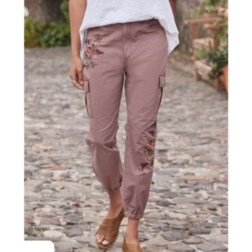 Sundance Vivant Floral Embroidered Cargo Ankle-Zip Crop Pant Pocket Lilac Sz.2 - Thumbnail 3