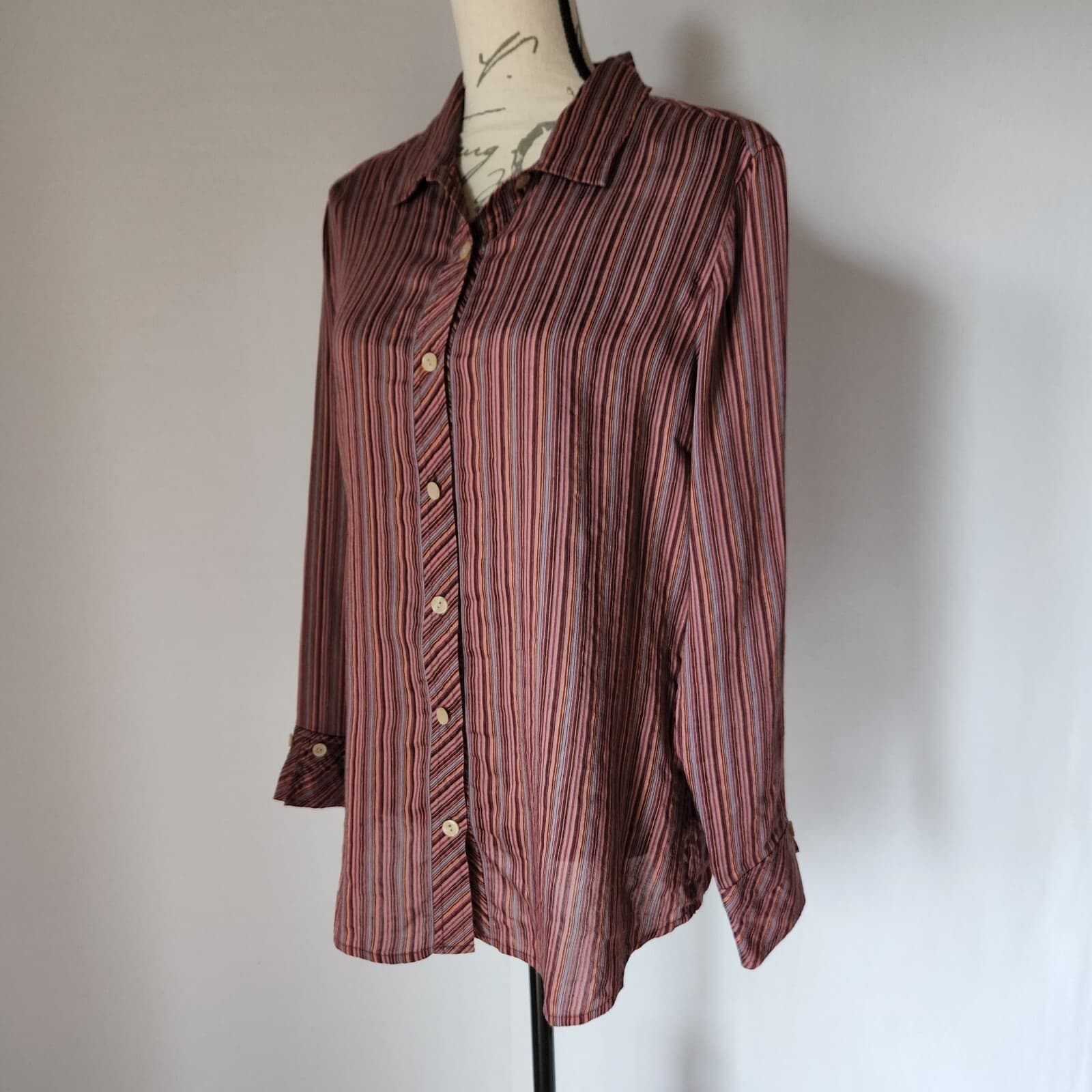 Vintage J.Jill Linen Blend Button-Down Shirt Long Sleeve Multicolor Stripe Sz.M - Thumbnail 3