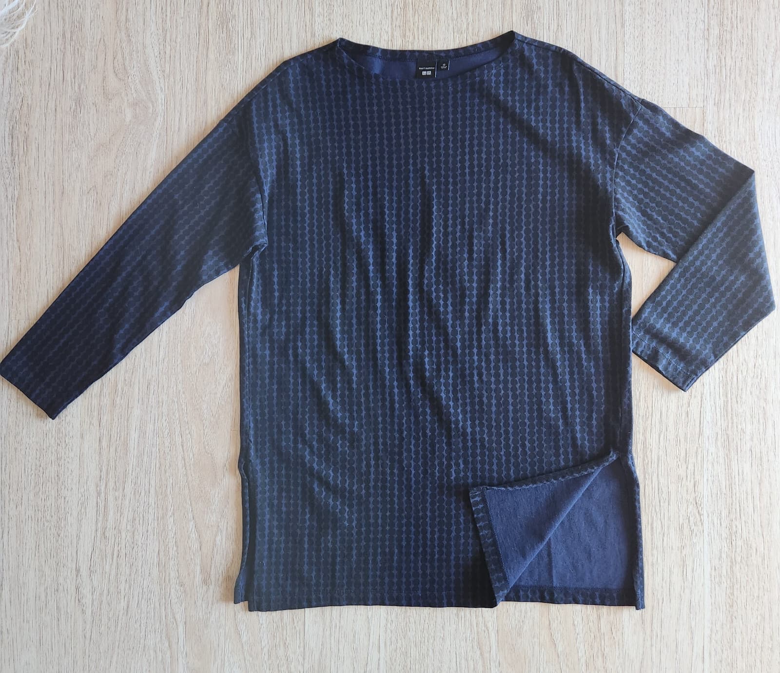 Marimekko Uniqlo Tunic Top Boat Neck Long Sleeve Cotton Blue Black Dots Women XS - Thumbnail 3