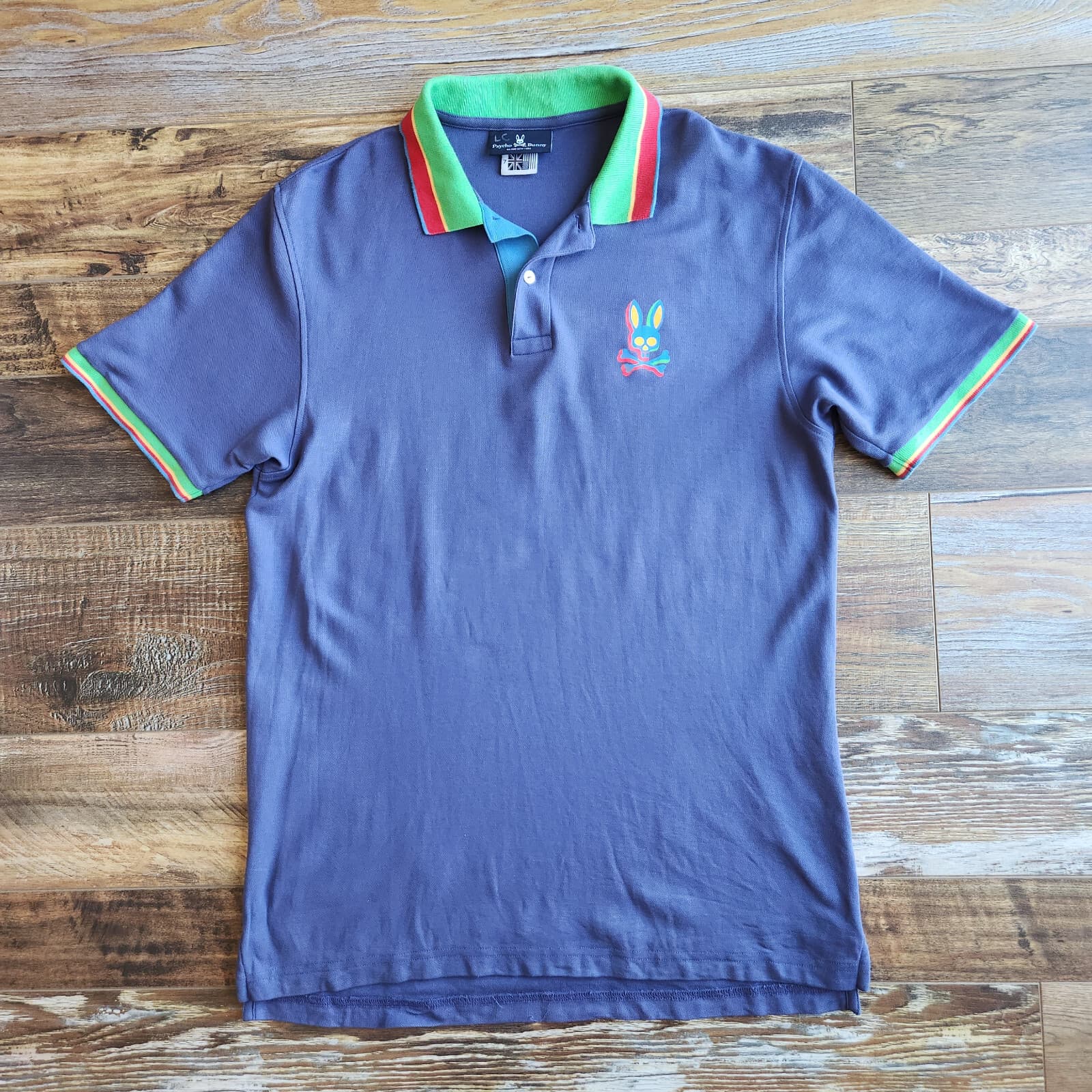 Psycho Bunny Logo Polo Shirt Short Sleeve Pima-Cotton Blue Green-Red Trim Mens 7 - Thumbnail 2