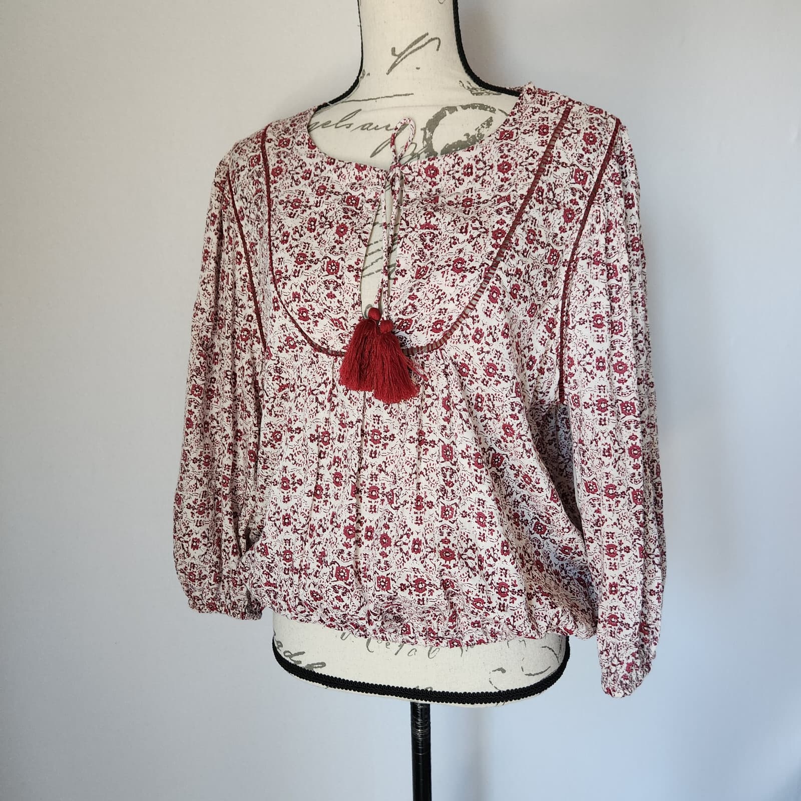 Lucky Brand Floral Peasant Boho Blouse Tassel Long Sleeve Red Cream Women's L - Thumbnail 3
