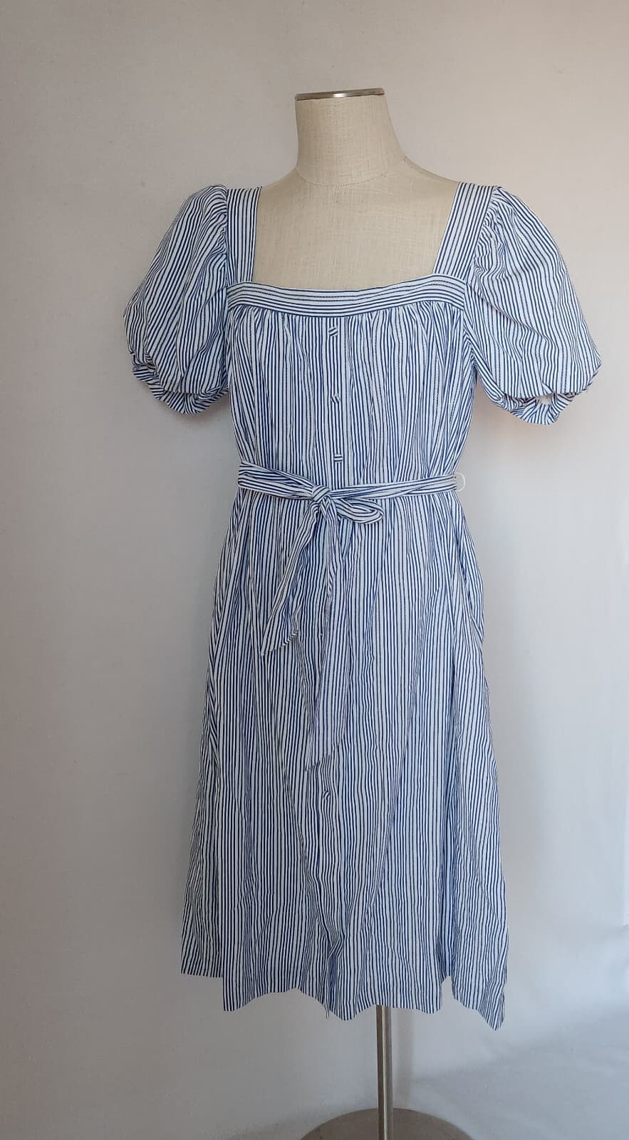 NWT Alex Marie Square Neck Striped Midi Dress Belt Melon Sleeve Blue White Sz.12 - Thumbnail 3