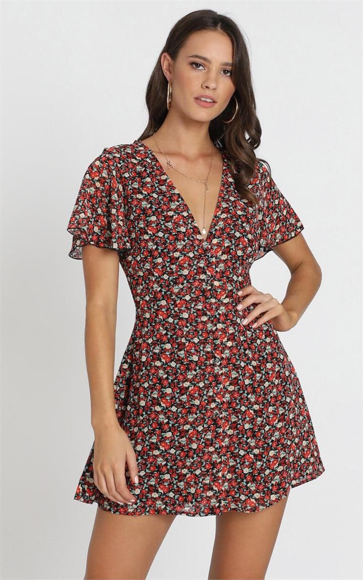 Showpo Maximum Potential Romantic Mini Dress Button Up Black Red Floral Sz.10 - Thumbnail 2