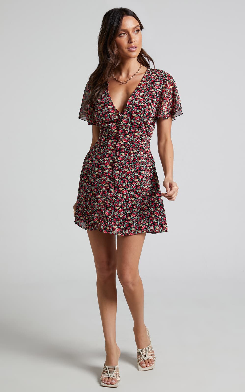 Showpo Maximum Potential Romantic Mini Dress Button Up Black Red Floral Sz.10 - Thumbnail 4