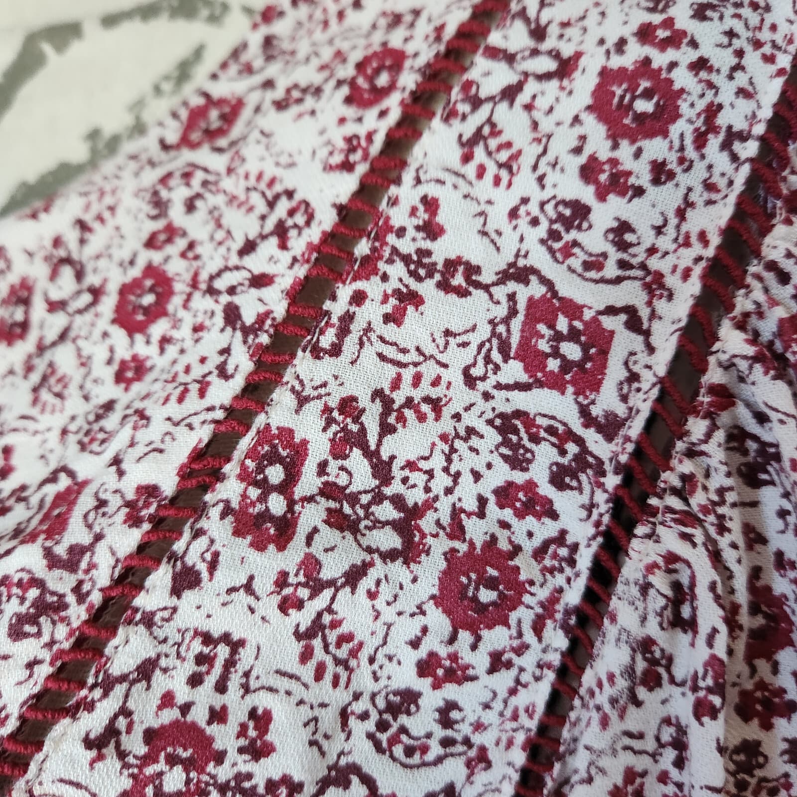 Lucky Brand Floral Peasant Boho Blouse Tassel Long Sleeve Red Cream Women's L - Thumbnail 6