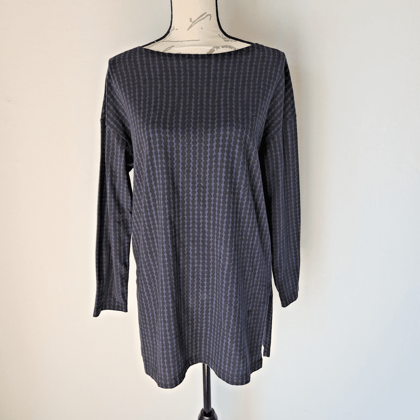 Marimekko Uniqlo Tunic Top Boat Neck Long Sleeve Cotton Blue Black Dots Women XS