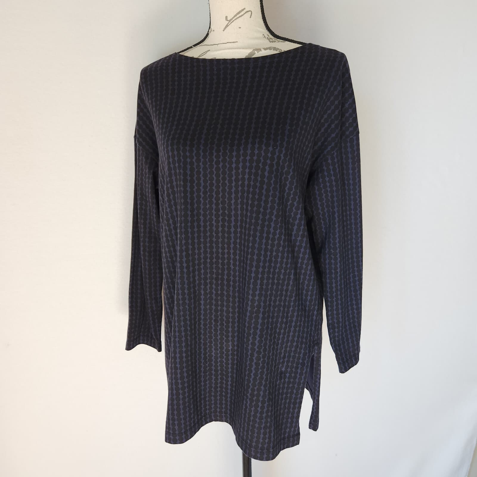 Marimekko Uniqlo Tunic Top Boat Neck Long Sleeve Cotton Blue Black Dots Women XS - Thumbnail 2
