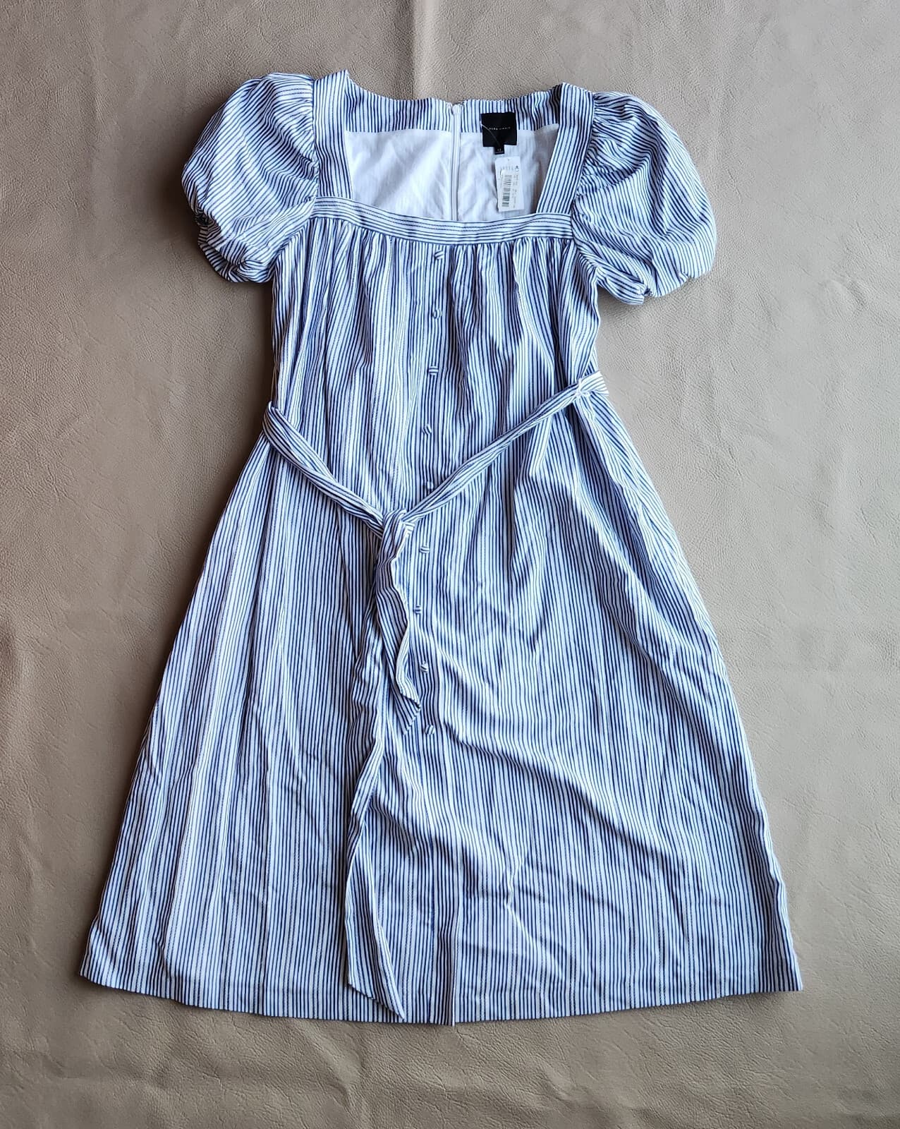 NWT Alex Marie Square Neck Striped Midi Dress Belt Melon Sleeve Blue White Sz.12 - Thumbnail 8